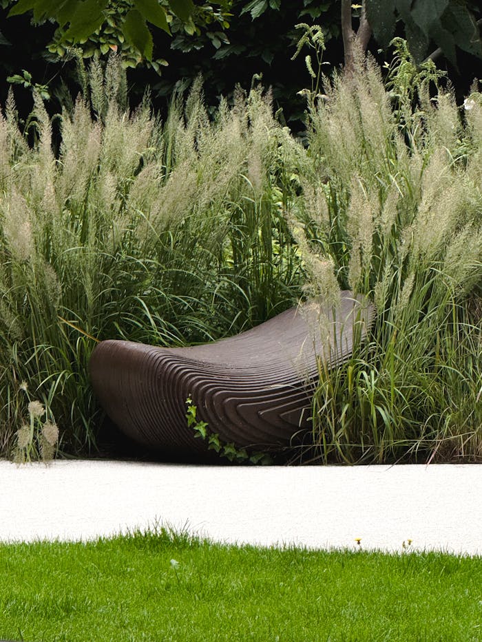 Modern garden bench surrounded by lush ornamental grass and green foliage.